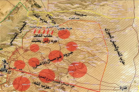 خريطة تبين المواقع التي شهدت مواجهات بالأمس، وتوزع السيطرة على الأرض بين مختلف القوى في المنطقة