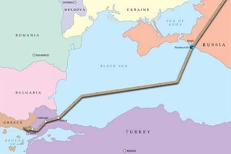  خريطة تظهر مسار خط أنابيب "السيل التركي" المقترح لنقل الغاز الروسي إلى تركيا عبر قاع البحر الأسود
